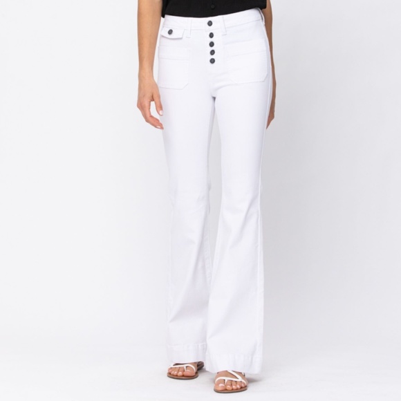 Judy Blue Women's Mid-Rise Flare Jeans - Button Fly, Destroyed Details, Stretch Denim (10" Front Rise, 33.5" Inseam) - View #5
